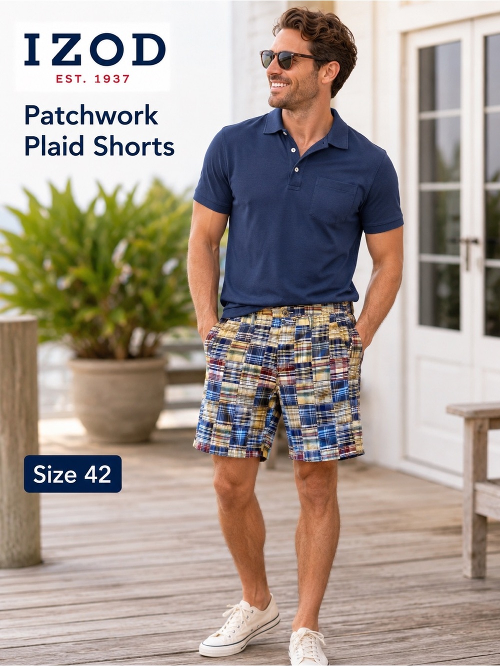 IZOD Men’s Patchwork Madras Plaid Shorts | Size 42 | Preppy Summer Style